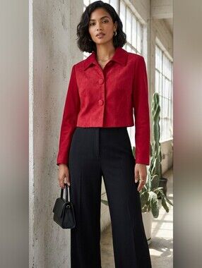 Cropped Red Suede Blouse with Collar